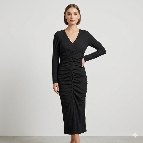 H&M Dresses & Skirts - H&M Black Ruched Crepe Maxi Dress Womens Size M Long Sleeve V-Neck Viral Chic